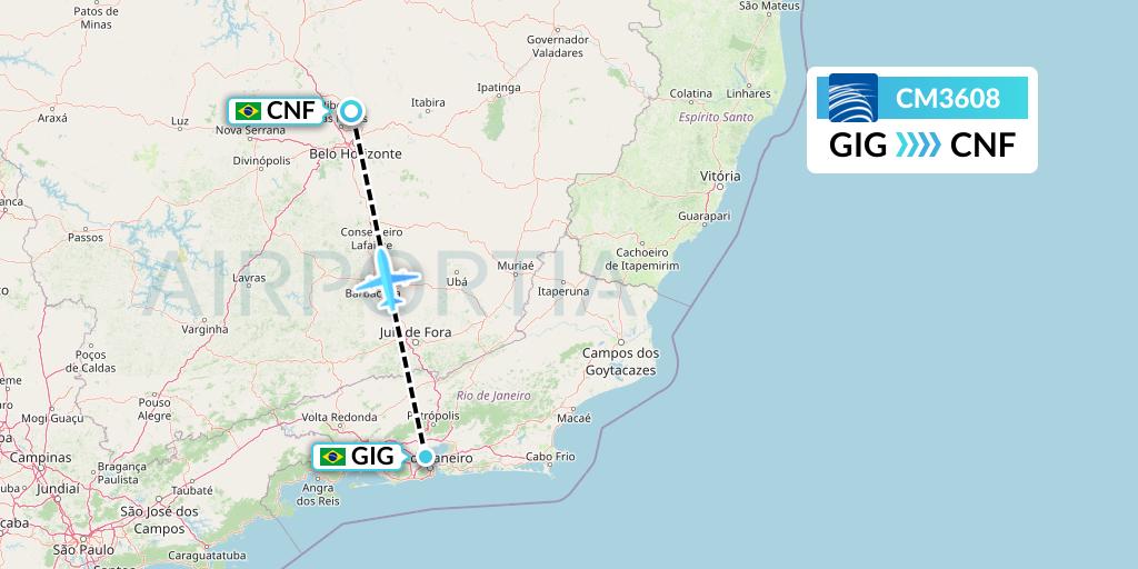 CM3608 Copa Airlines Flight Map: Rio de Janeiro to Belo Horizonte