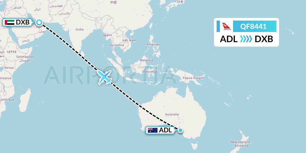 QF8441 Qantas Flight Map: Adelaide to Dubai