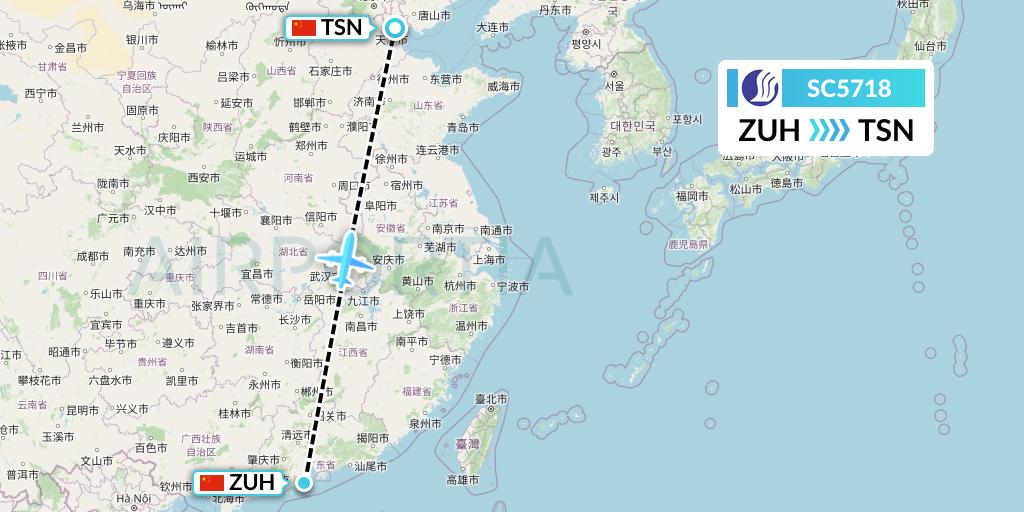 SC5718 Shandong Airlines Flight Map: Zhuhai to Tianjin