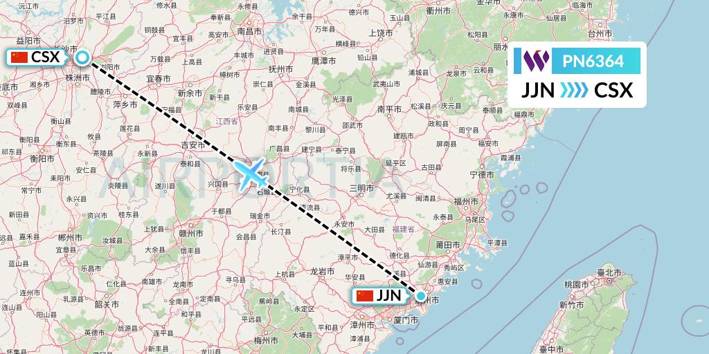 PN6364 China West Air Flight Map: Jinjiang to Changsha