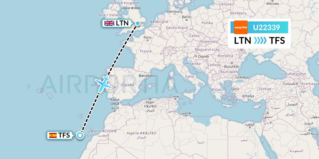 U22339 EasyJet Flight Map: London to Tenerife