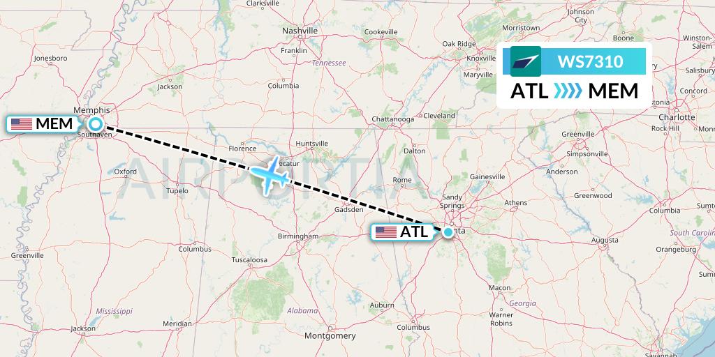 WS7310 WestJet Flight Map: Atlanta to Memphis