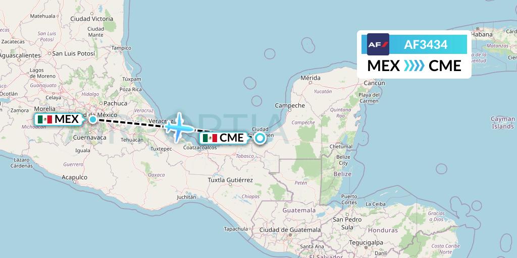 AF3434 Air France Flight Map: Mexico City to Ciudad del Carmen