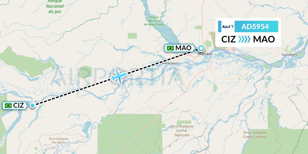 AD5954 Azul Brazilian Airlines Flight Map: Coari to Manaus