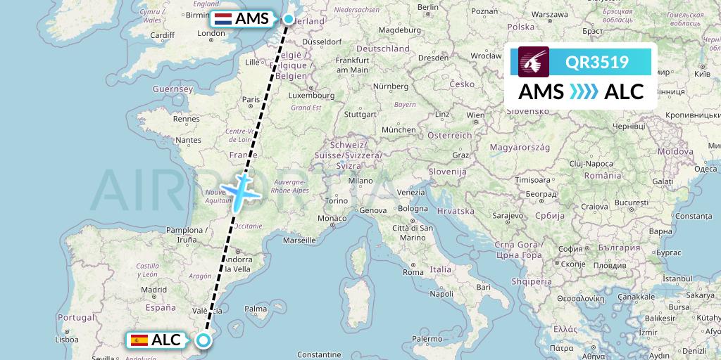 QR3519 Qatar Airways Flight Map: Amsterdam to Alicante