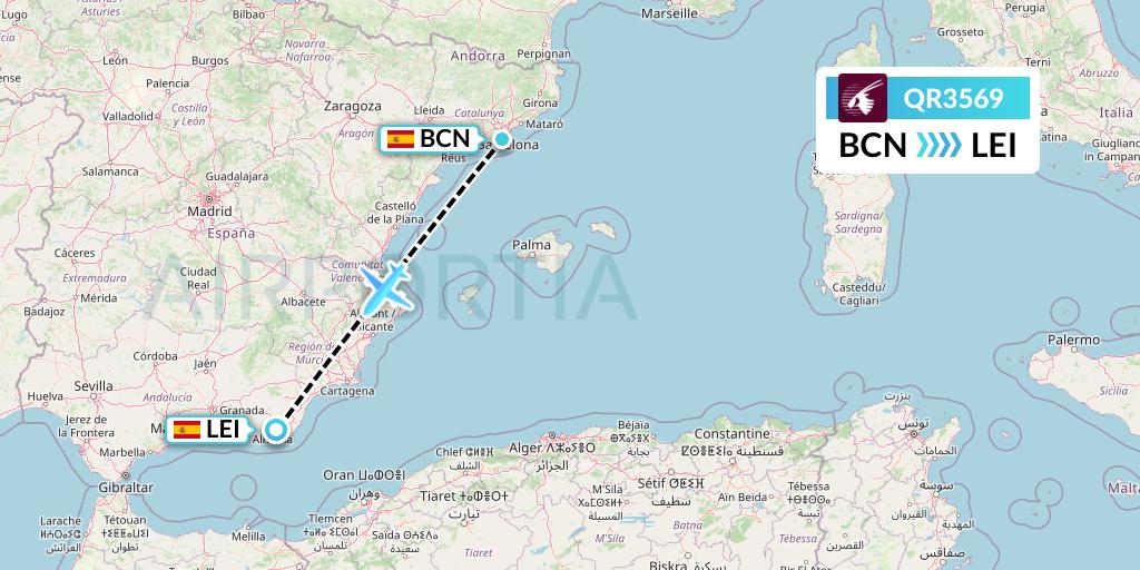 QR3569 Qatar Airways Flight Map: Barcelona to Almeria