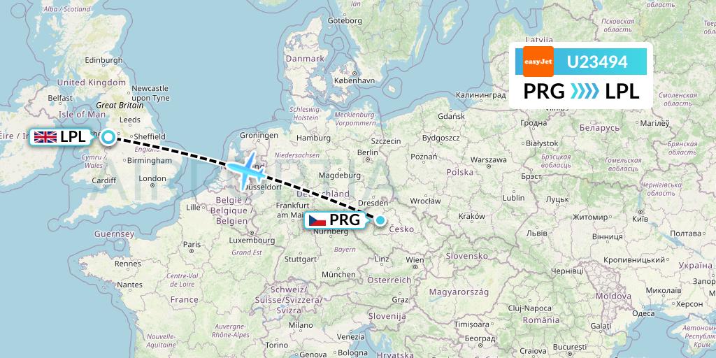 U23494 EasyJet Flight Map: Prague to Liverpool