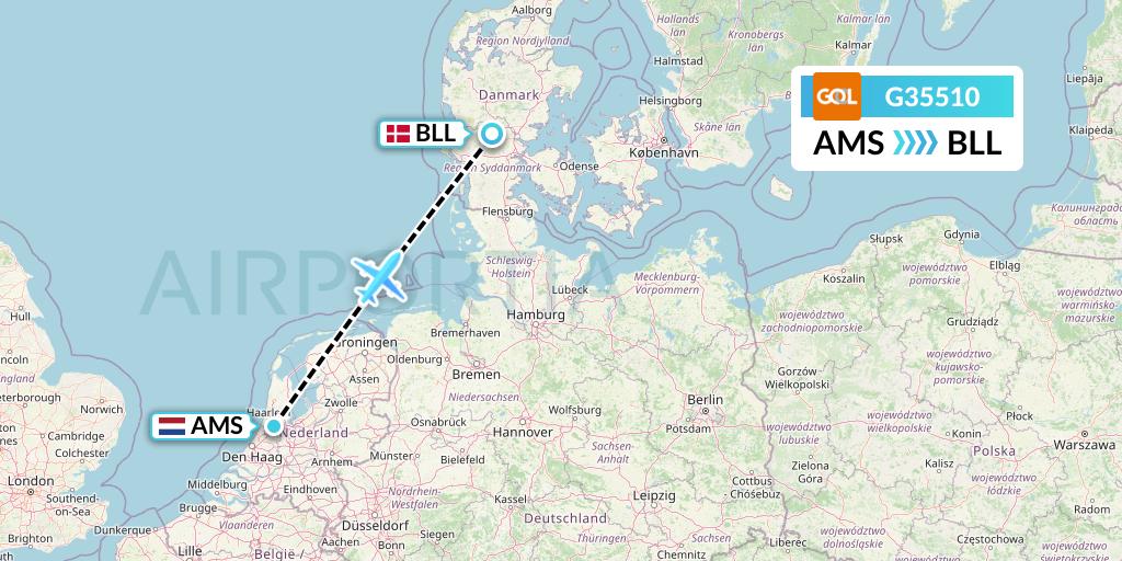 G35510 GOL Transportes Aeros Flight Map: Amsterdam to Billund
