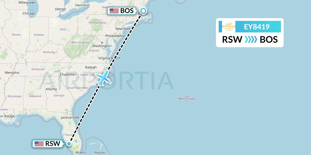 EY8419 Etihad Airways Flight Map: Fort Myers to Boston