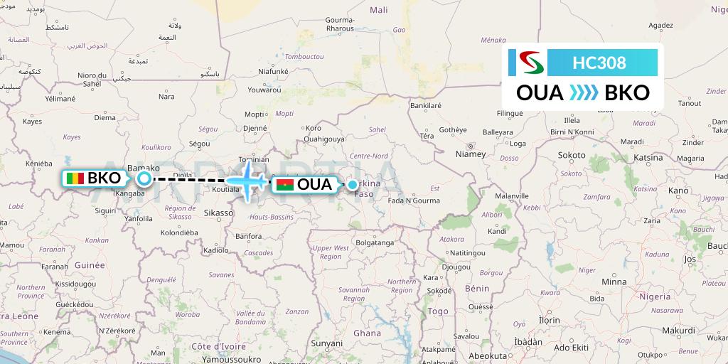 HC308 Air Senegal Flight Map: Ouagadougou to Bamako