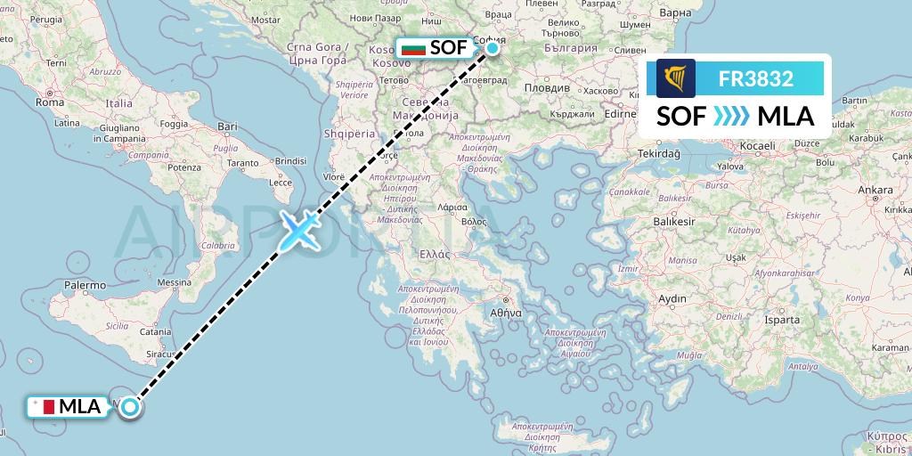 FR3832 Ryanair Flight Map: Sofia to Malta