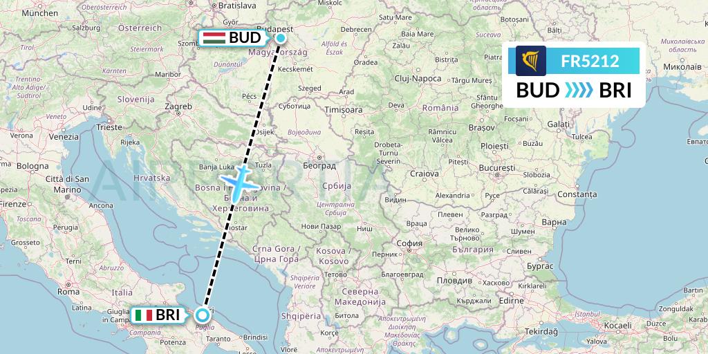 FR5212 Ryanair Flight Map: Budapest to Bari