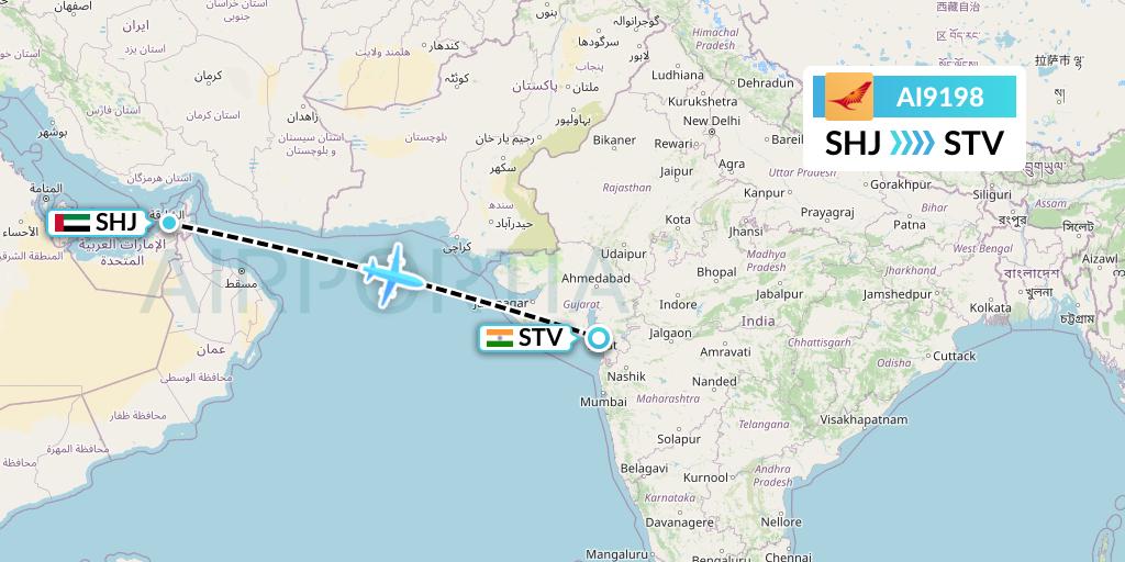 AI9198 Air India Flight Map: Sharjah to Surat