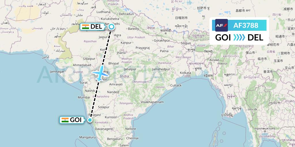 AF3788 Air France Flight Map: Goa to Delhi