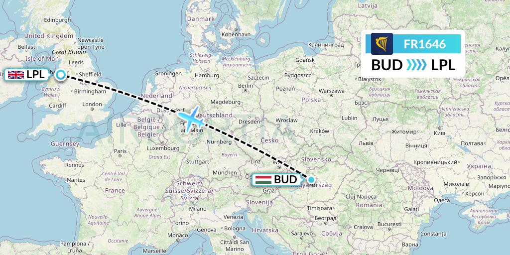 FR1646 Ryanair Flight Map: Budapest to Liverpool