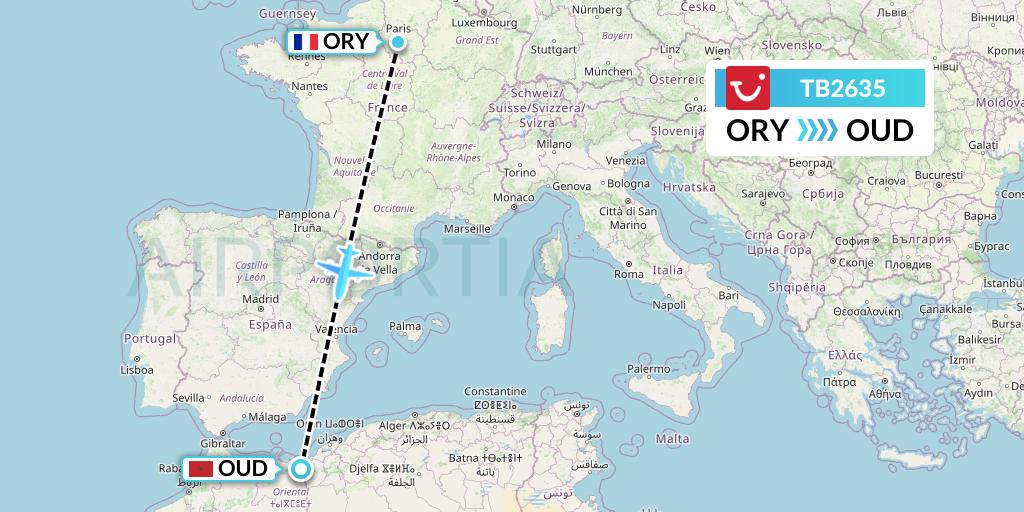 TB2635 TUI fly Belgium Flight Map: Paris to Oujda