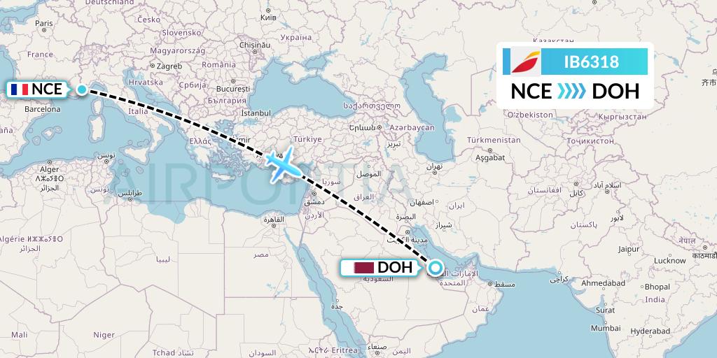 IB6318 Iberia Flight Map: Nice to Doha