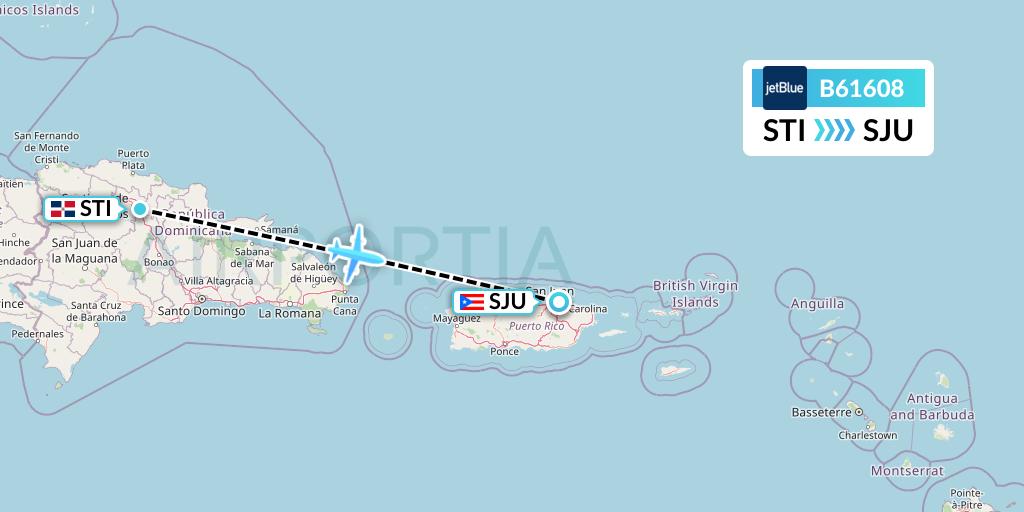 B61608 JetBlue Airways Flight Map: Santiago de los Caballeros to San Juan