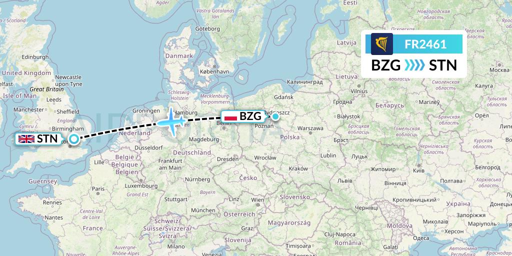 FR2461 Ryanair Flight Map: Bydgoszcz to London