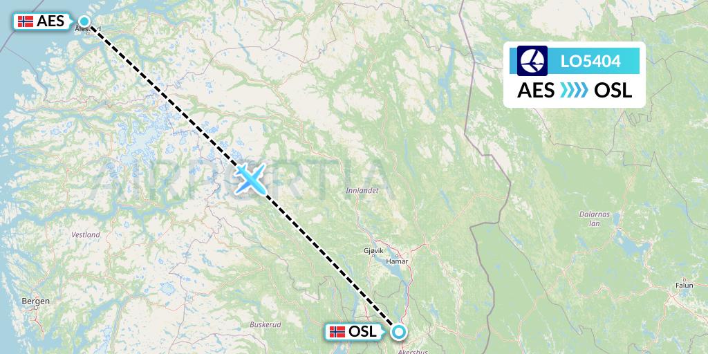 LO5404 LOT Flight Map: Alesund to Oslo