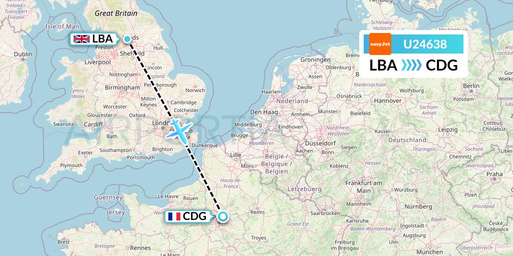 U24638 EasyJet Flight Map: Leeds to Paris
