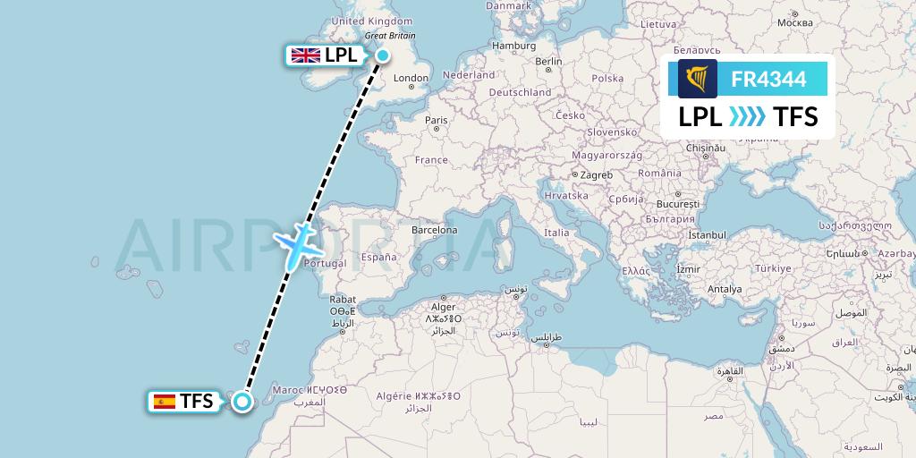 FR4344 Ryanair Flight Map: Liverpool to Tenerife