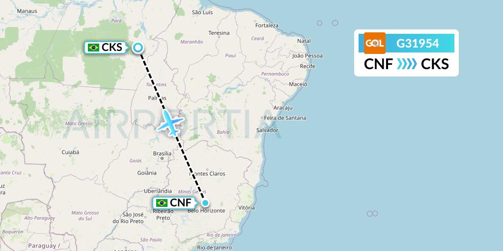 G31954 GOL Transportes Aeros Flight Map: Belo Horizonte to Carajas