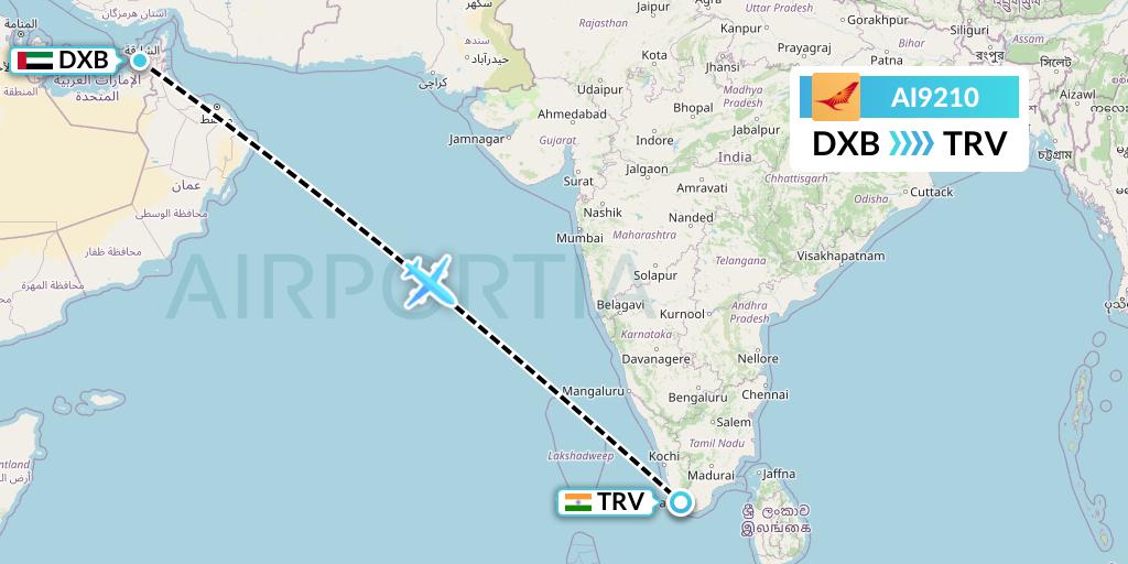 AI9210 Air India Flight Map: Dubai to Thiruvananthapuram