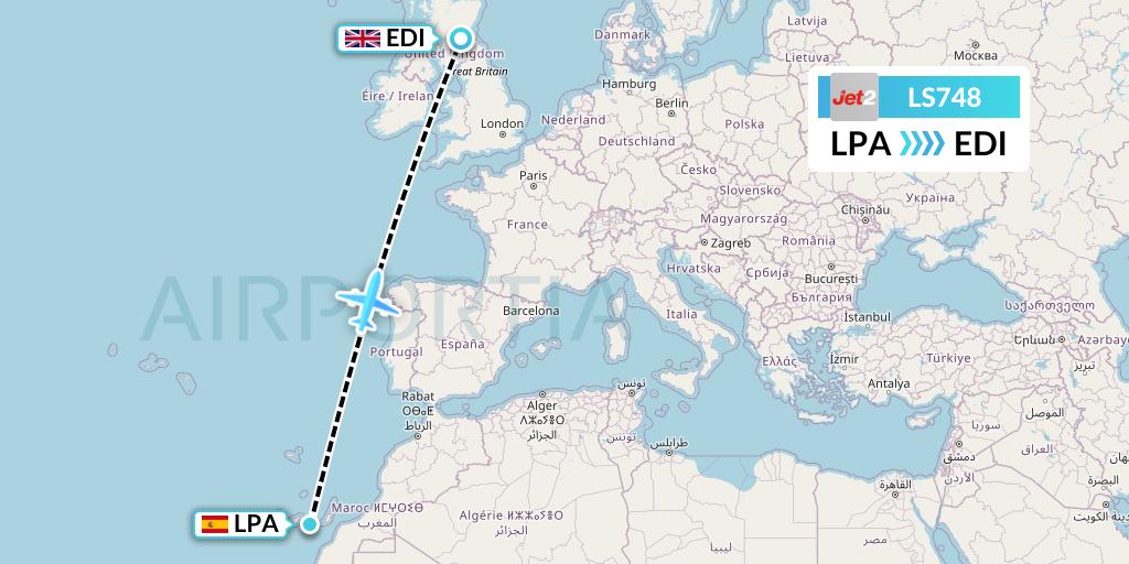 LS748 Jet2 Flight Map: Las Palmas to Edinburgh