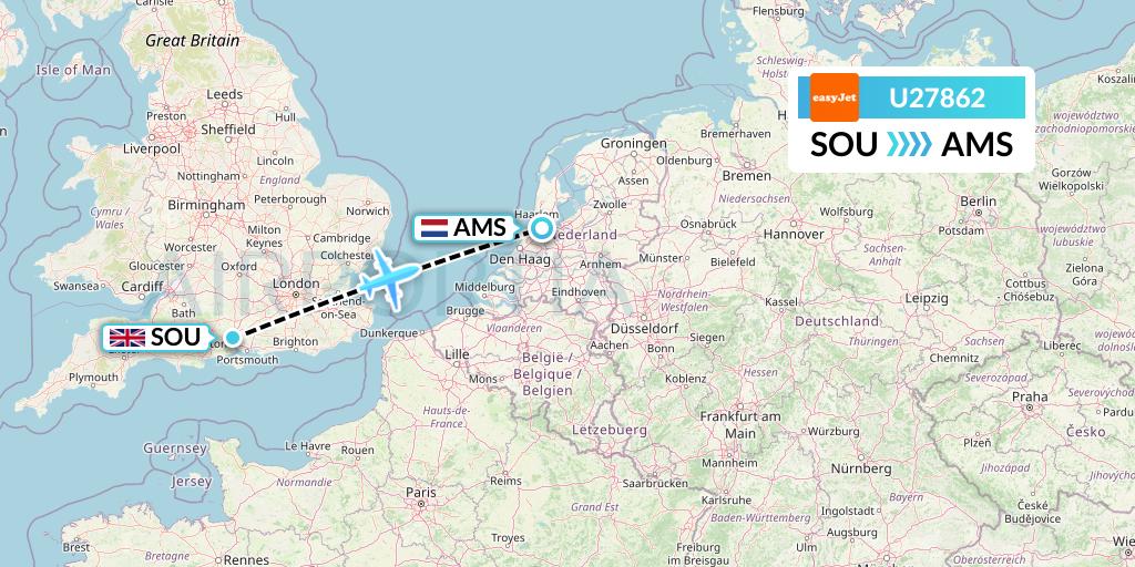 U27862 EasyJet Flight Map: Southampton to Amsterdam