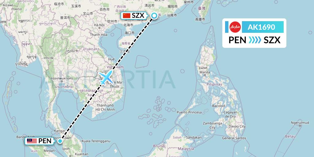 AK1690 AirAsia Flight Map: Penang to Shenzhen