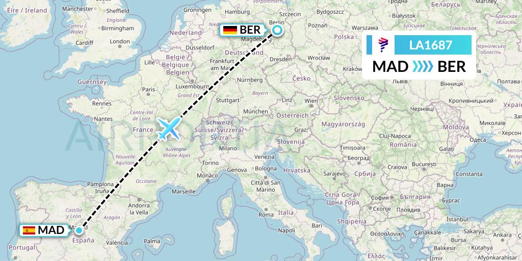 LA1687 LAN Airlines Flight Map: Madrid to Berlin