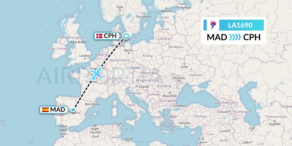 LA1690 LAN Airlines Flight Map: Madrid to Copenhagen