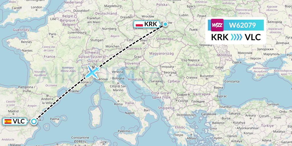 W62079 Wizz Air Flight Map: Krakow to Valencia