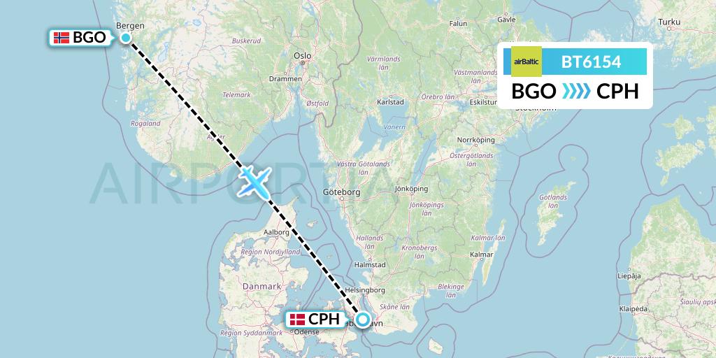 BT6154 Air Baltic Flight Map: Bergen to Copenhagen