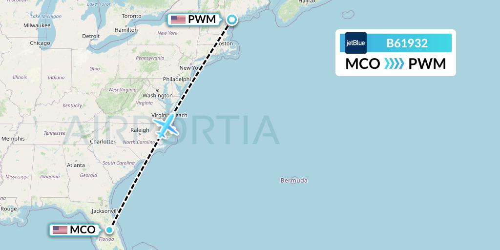 B61932 JetBlue Airways Flight Map: Orlando to Portland