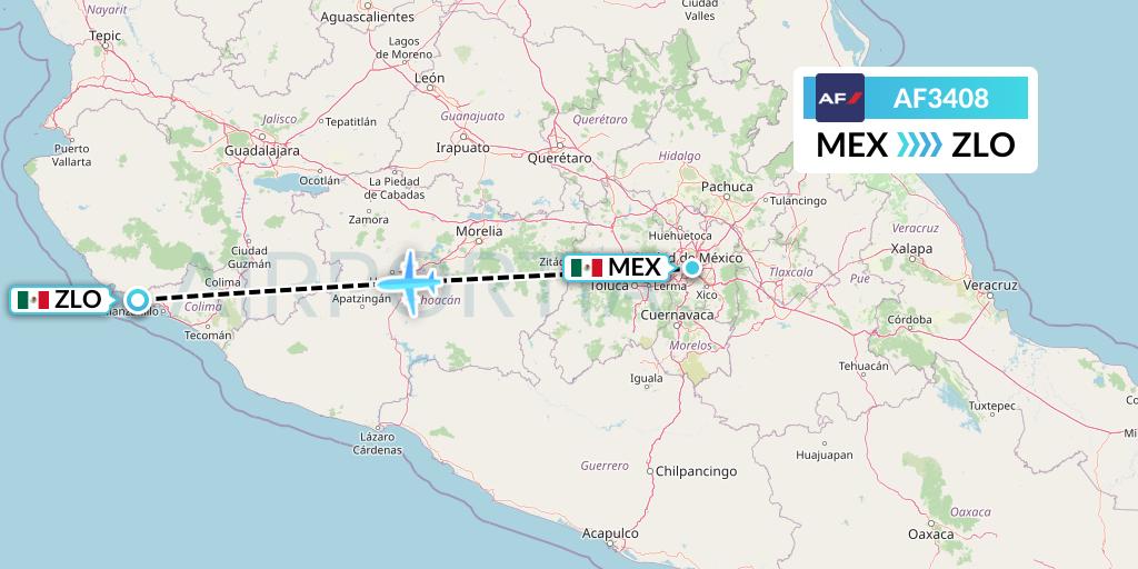 AF3408 Air France Flight Map: Mexico City to Manzanillo