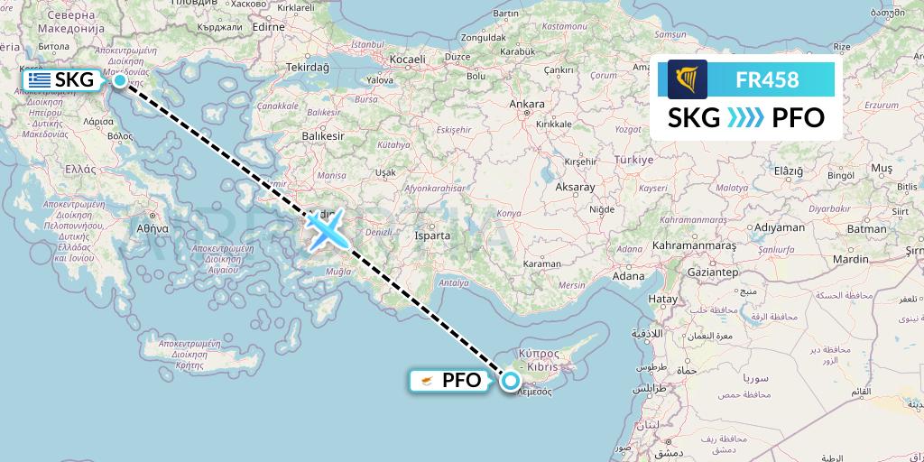 FR458 Ryanair Flight Map: Thessaloniki to Pafos