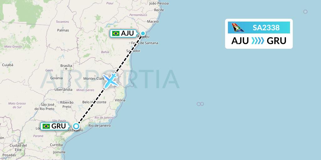 SA2338 South African Airways Flight Map: Aracaju to Sao Paulo