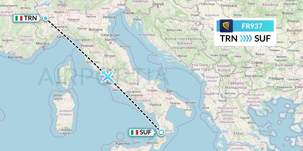 FR937 Ryanair Flight Map: Turin to Lamezia Terme