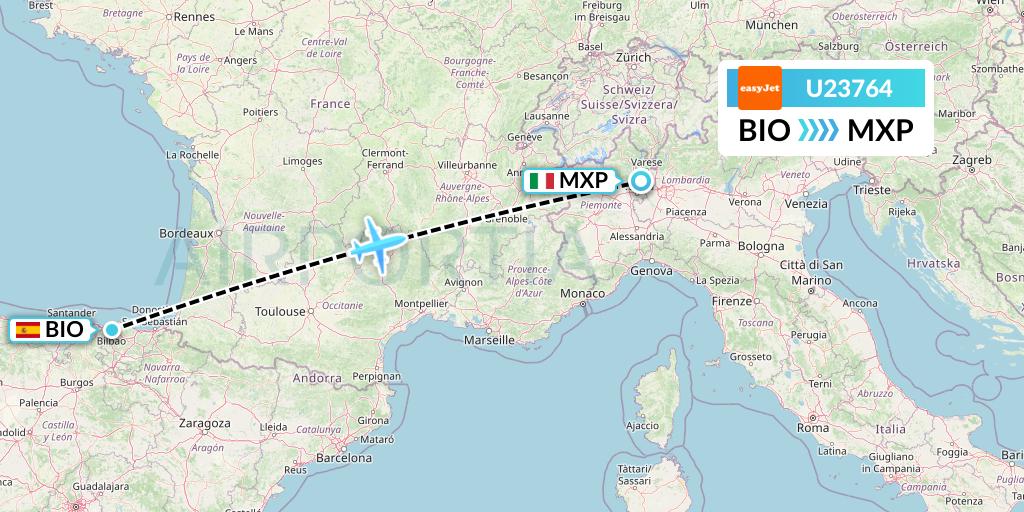 U23764 EasyJet Flight Map: Bilbao to Milan