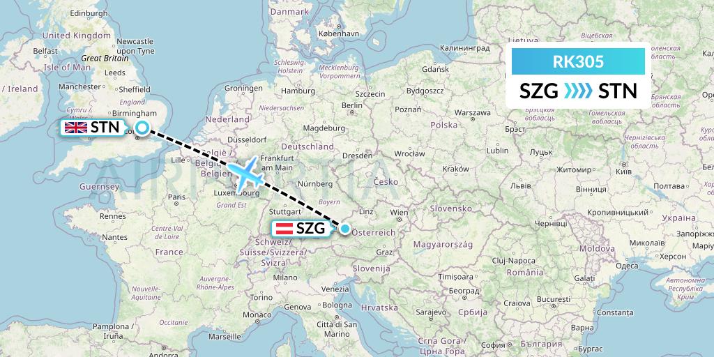 RK305 Ryanair UK Flight Map: Salzburg to London