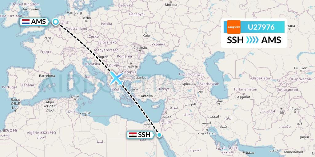 U27976 EasyJet Flight Map: Sharm el-Sheikh to Amsterdam
