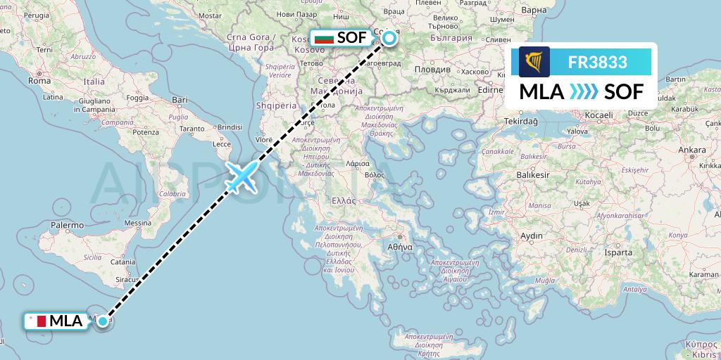 FR3833 Ryanair Flight Map: Malta to Sofia