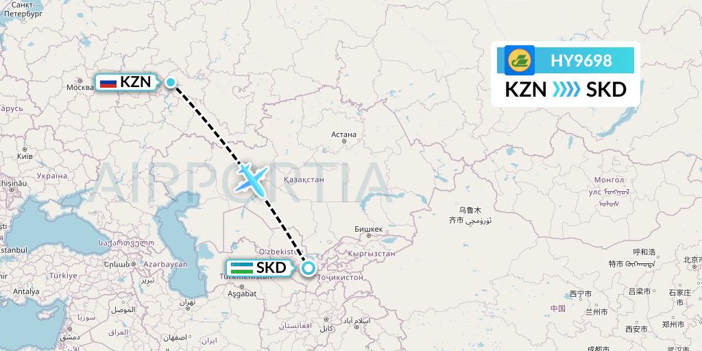 HY9698 Uzbekistan Airways Flight Map: Kazan to Samarkand