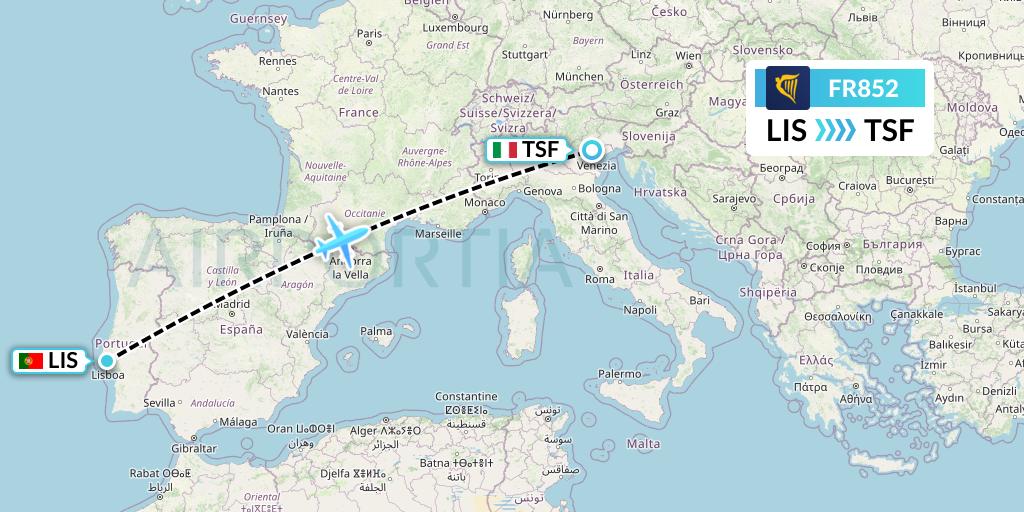 FR852 Ryanair Flight Map: Lisbon to Treviso