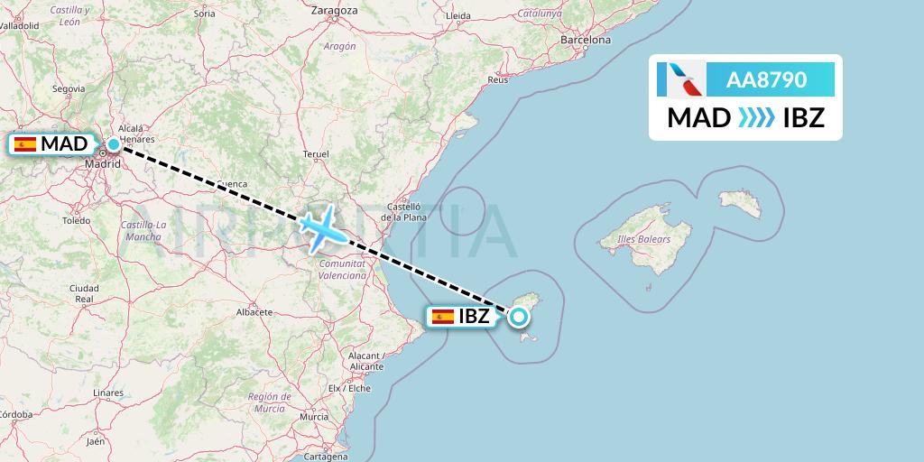 AA8790 American Airlines Flight Map: Madrid to Ibiza