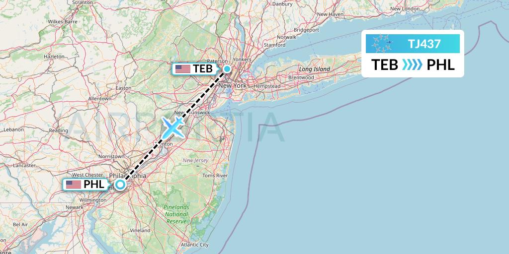 TJ437 Tradewind Aviation Flight Map: Teterboro to Philadelphia