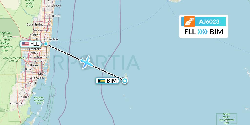 AJ6023 Aztec Airways Flight Map: Fort Lauderdale to South Bimini