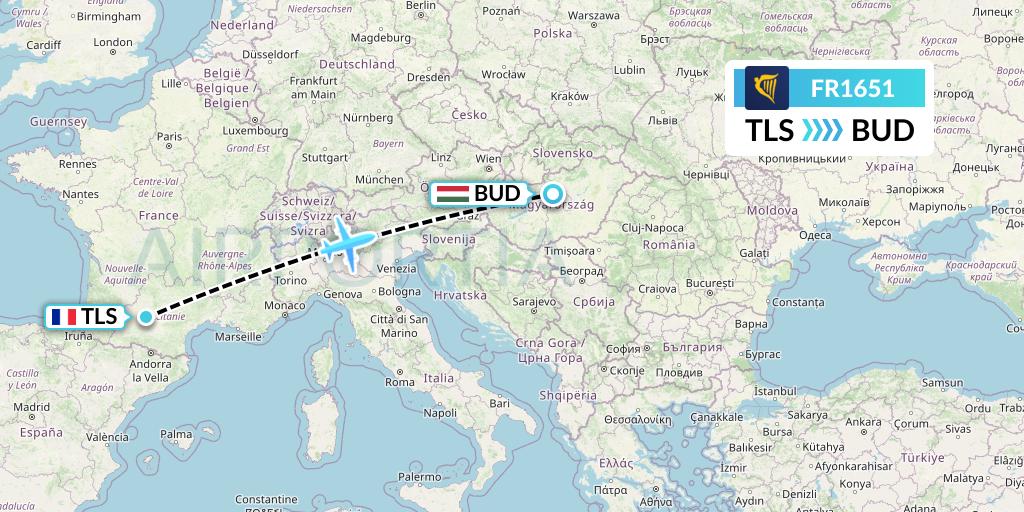 FR1651 Ryanair Flight Map: Toulouse to Budapest